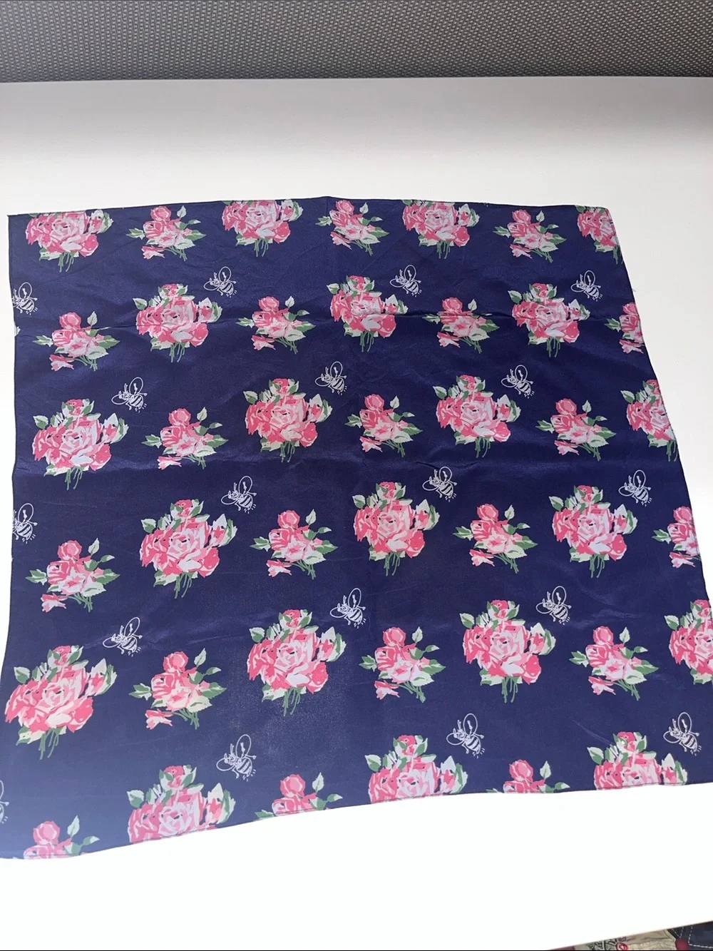 Nick & Nora Navy Silk Scarf with Bees & Pink Floral Bouquet Print